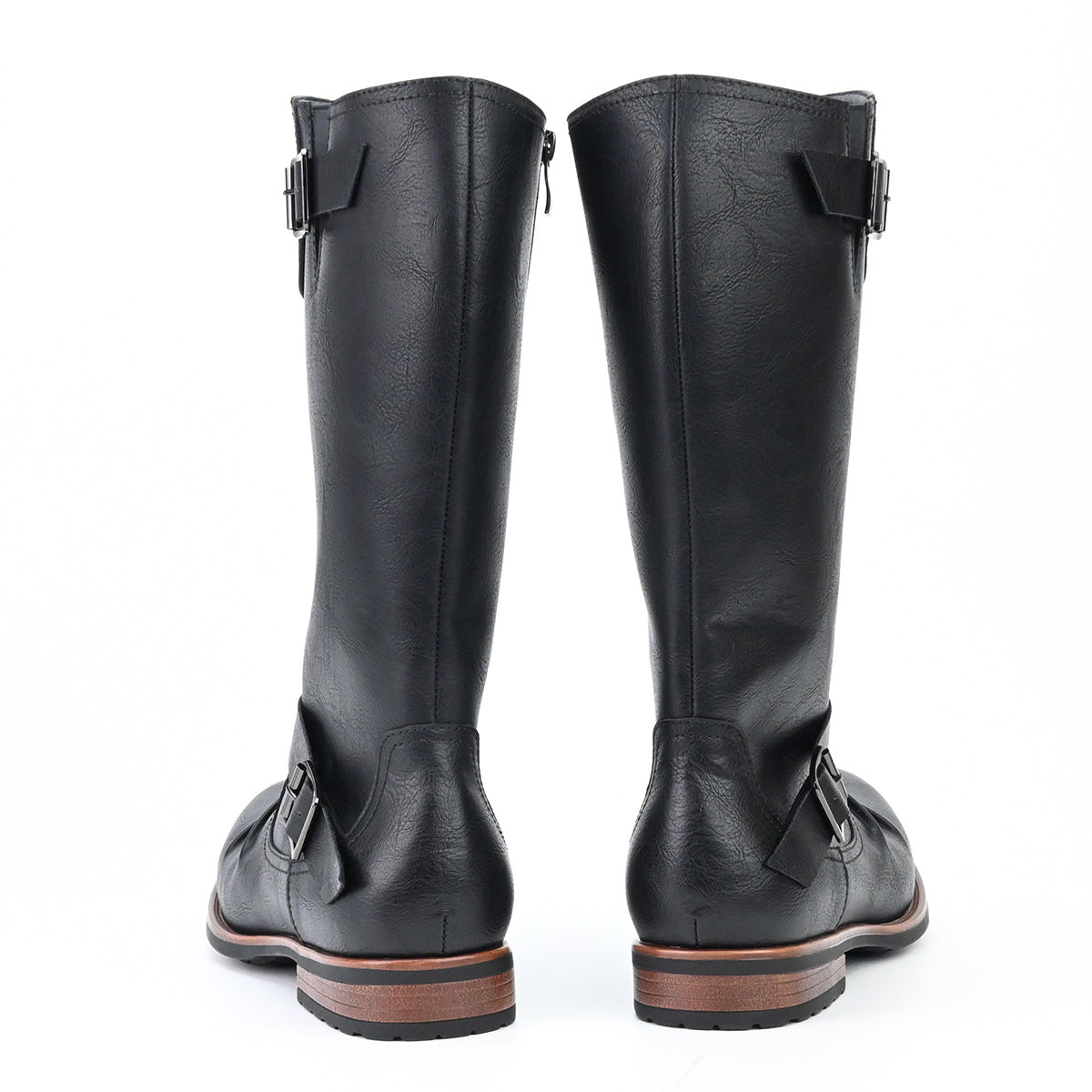 Men's High Motorcycle Boots Simple Side Zipper Metal Buckle Pleated Boots
