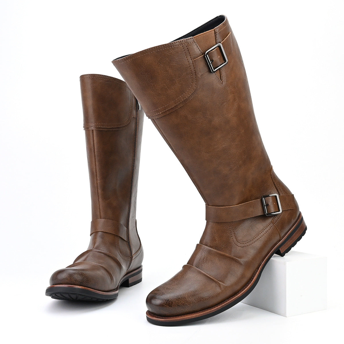 Men's High Motorcycle Boots Simple Side Zipper Metal Buckle Pleated Boots