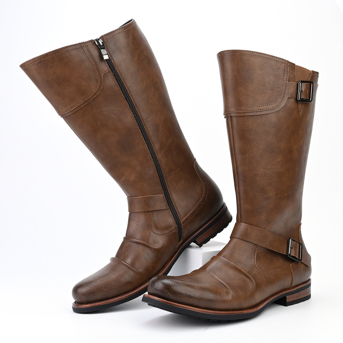 Men's High Motorcycle Boots Simple Side Zipper Metal Buckle Pleated Boots