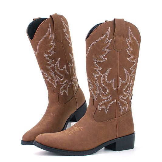 Western Cowboy Boot Men's plus Size Zipper Middle Tube Leather Boots Embroidery Vintage Knight Boots British Style Leather Boots Worker Boot