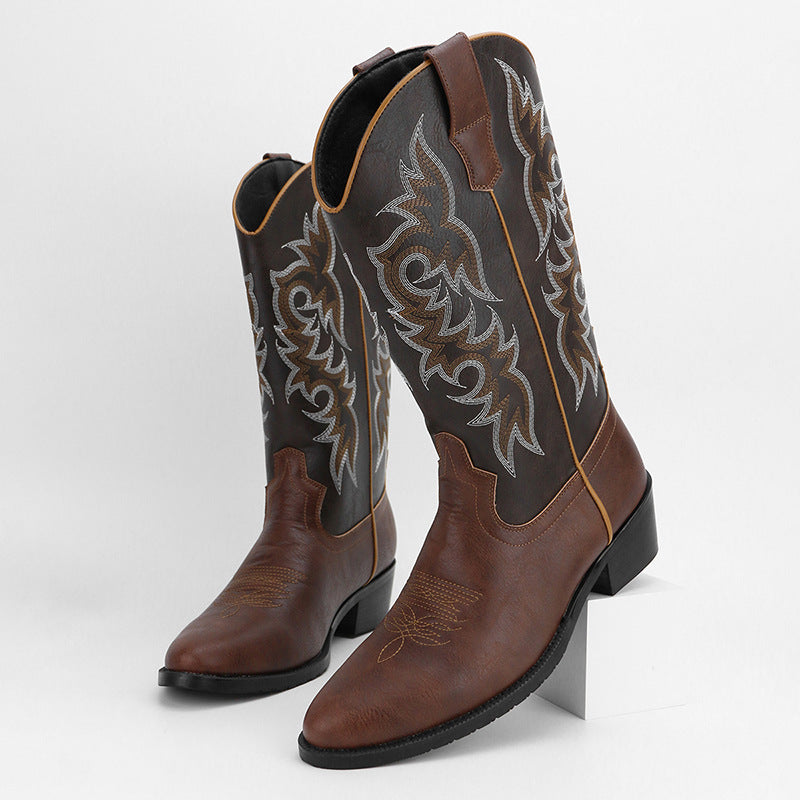2023Men's Embroidered Retro High Tube Multicolor Pointed Toe Western Cowboy Boots