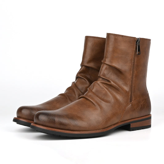 Cross-border Plus Size Wide Toe Wrinkled Short Boots with Side Zippers Solid Color Casual Versatile Men's Boots