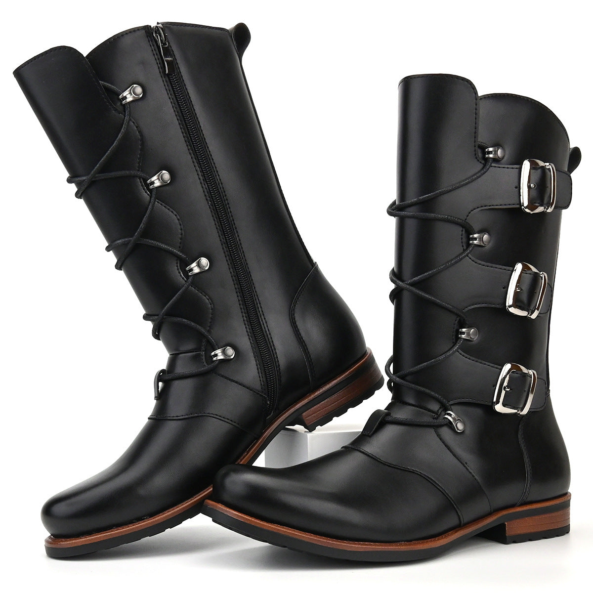 retro British Style Men Boots Casual Metal Buckle Side Zipper Cowboy Boots