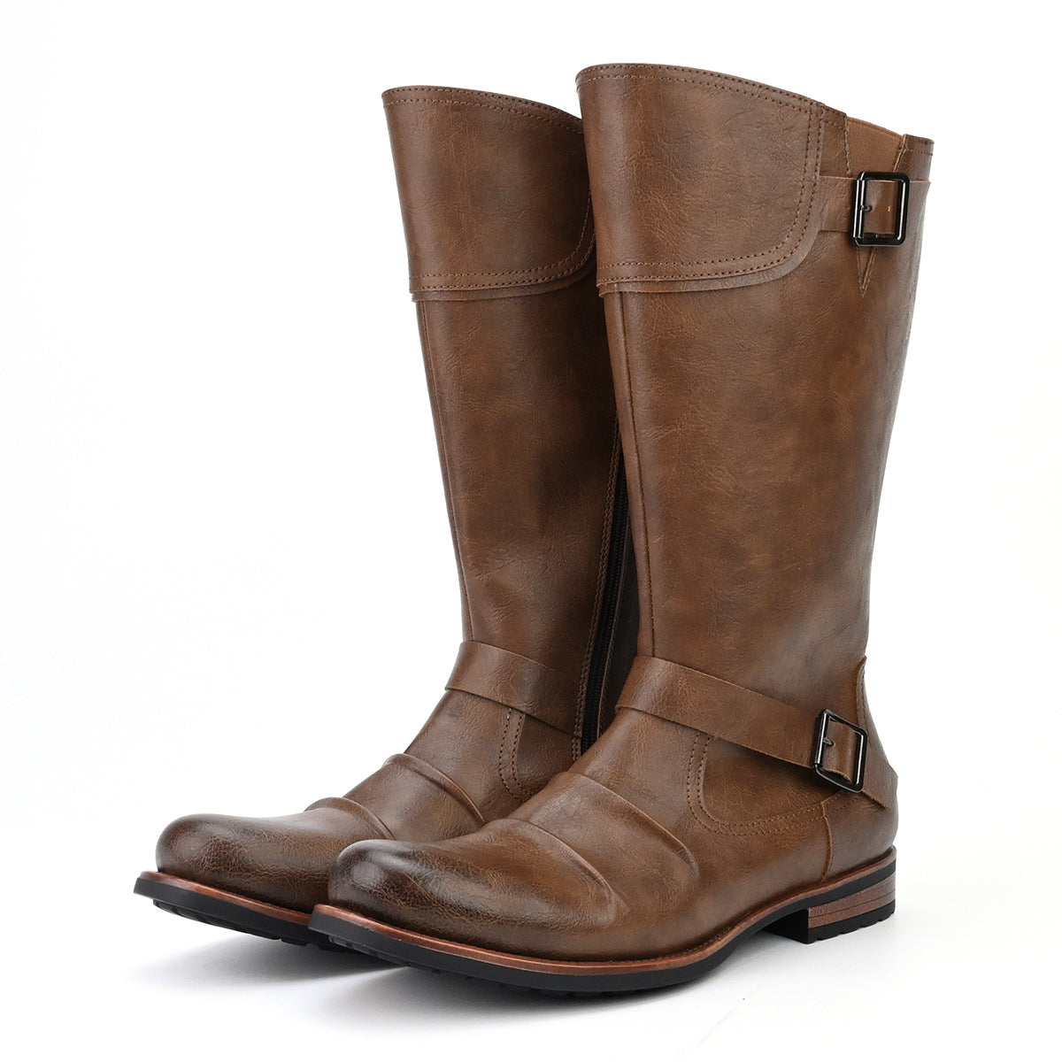 Men's High Motorcycle Boots Simple Side Zipper Metal Buckle Pleated Boots