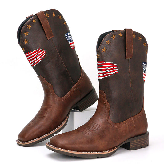 Men's Comfortable Square Toe Versatile Slip-On Outdoor Cowboy Boots
