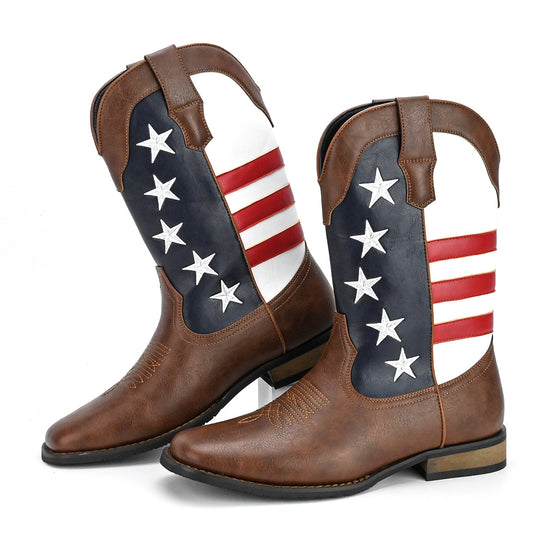 Unique Fashion Design Denim Boots with Five-Pointed Star Pull-On Men's Western Cowboy Boots