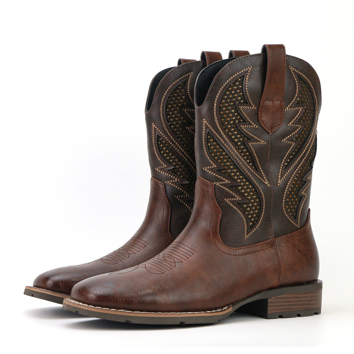 Men's Vintage Embroidery Hollow Personality Fashion Cowboy Boot Striped Embroidery Knee-High Boots