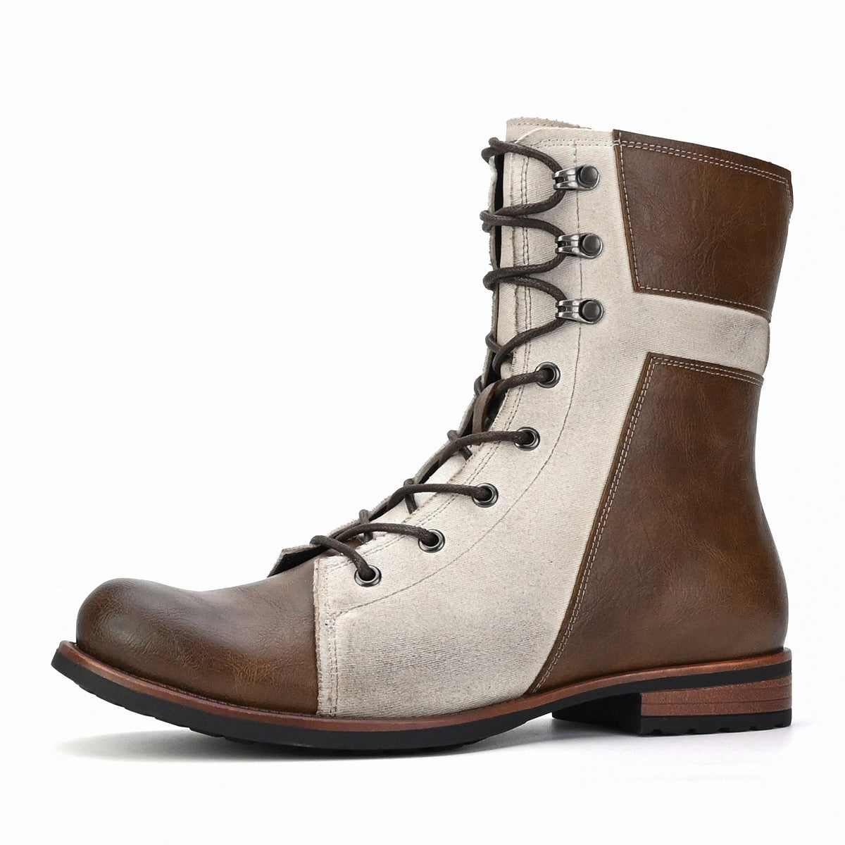 Retro Men's British Style High-Top Color Matching Men's Boots Lace-up Side Zip Cowboy Boot