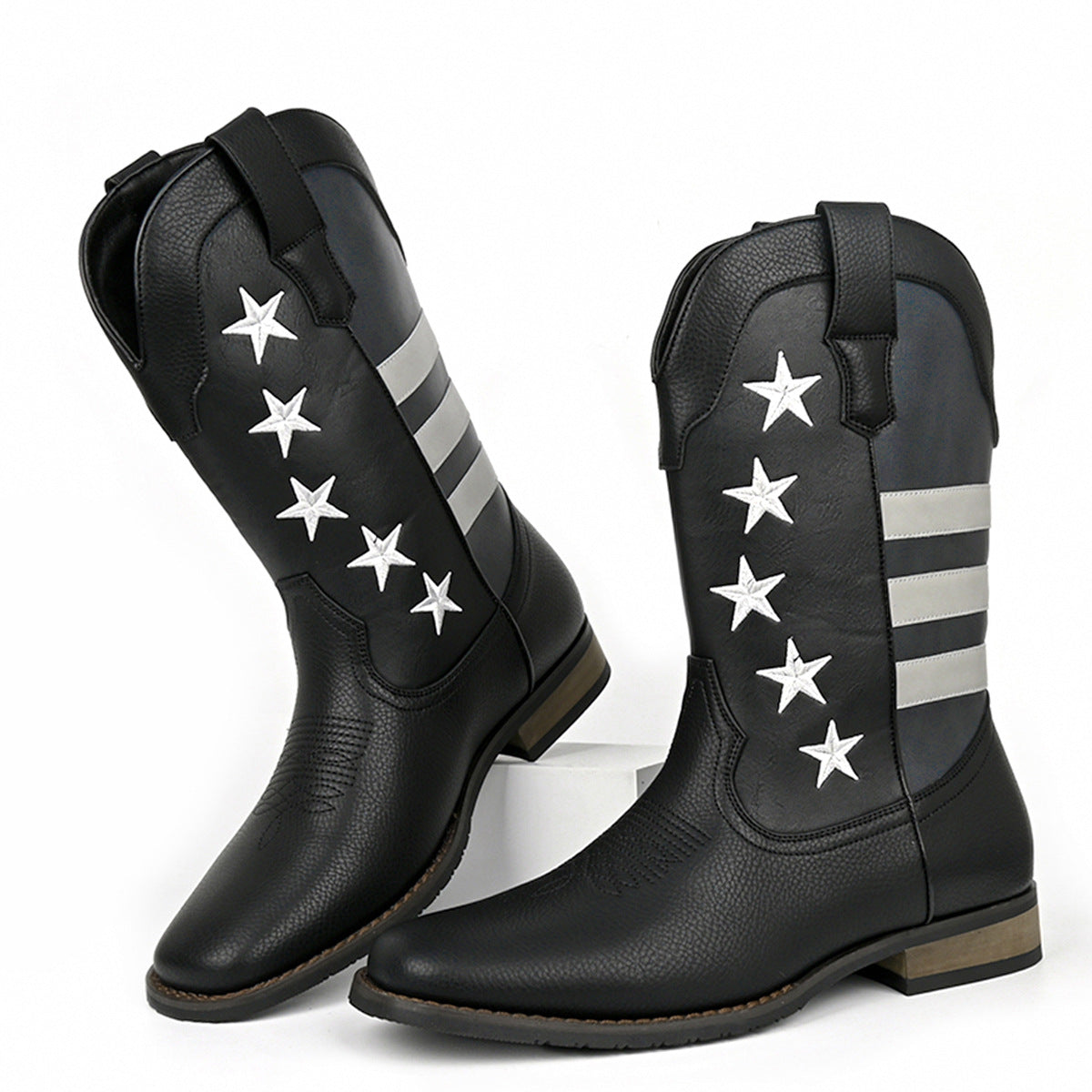 Unique Fashion Design Denim Boots with Five-Pointed Star Pull-On Men's Western Cowboy Boots