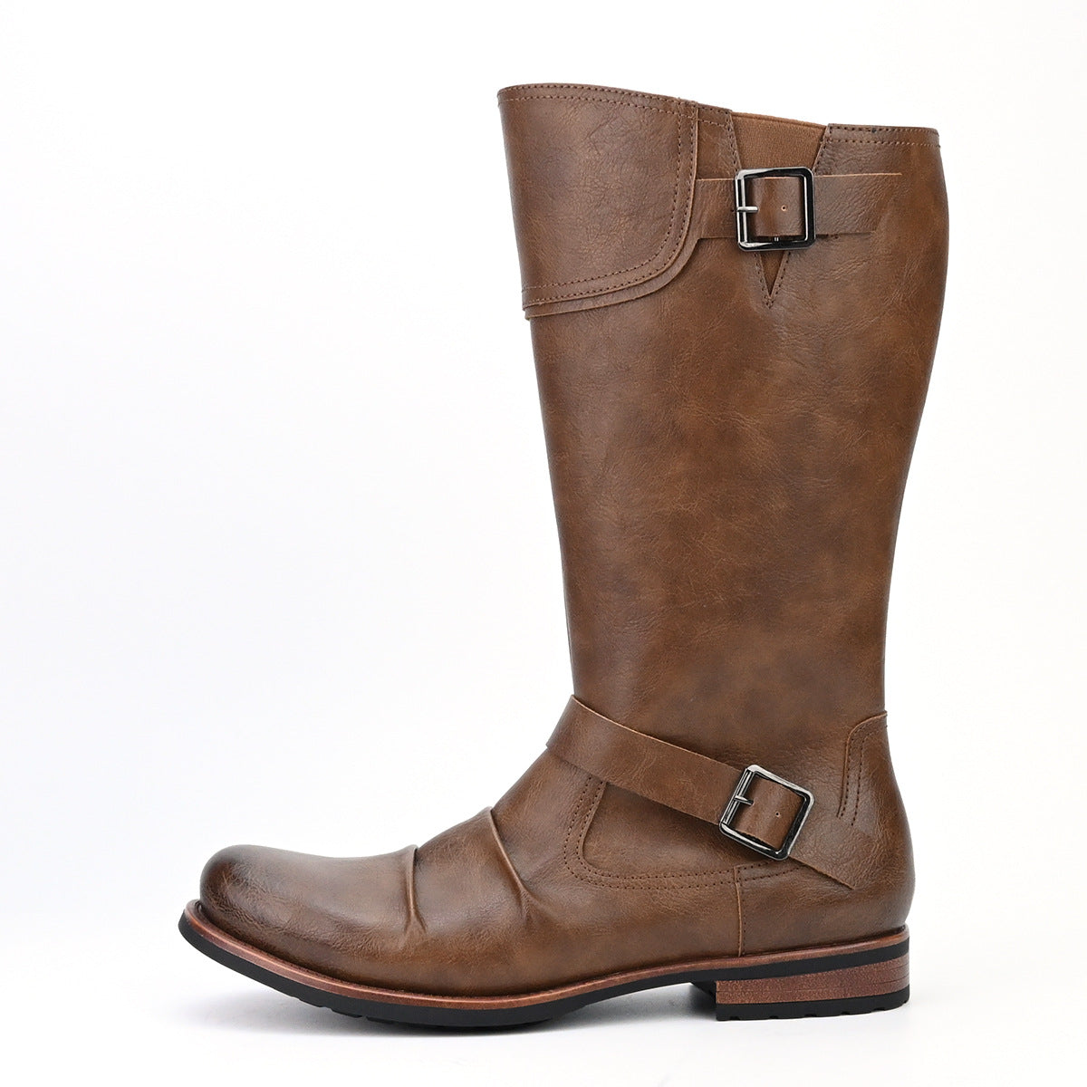 Men's High Motorcycle Boots Simple Side Zipper Metal Buckle Pleated Boots