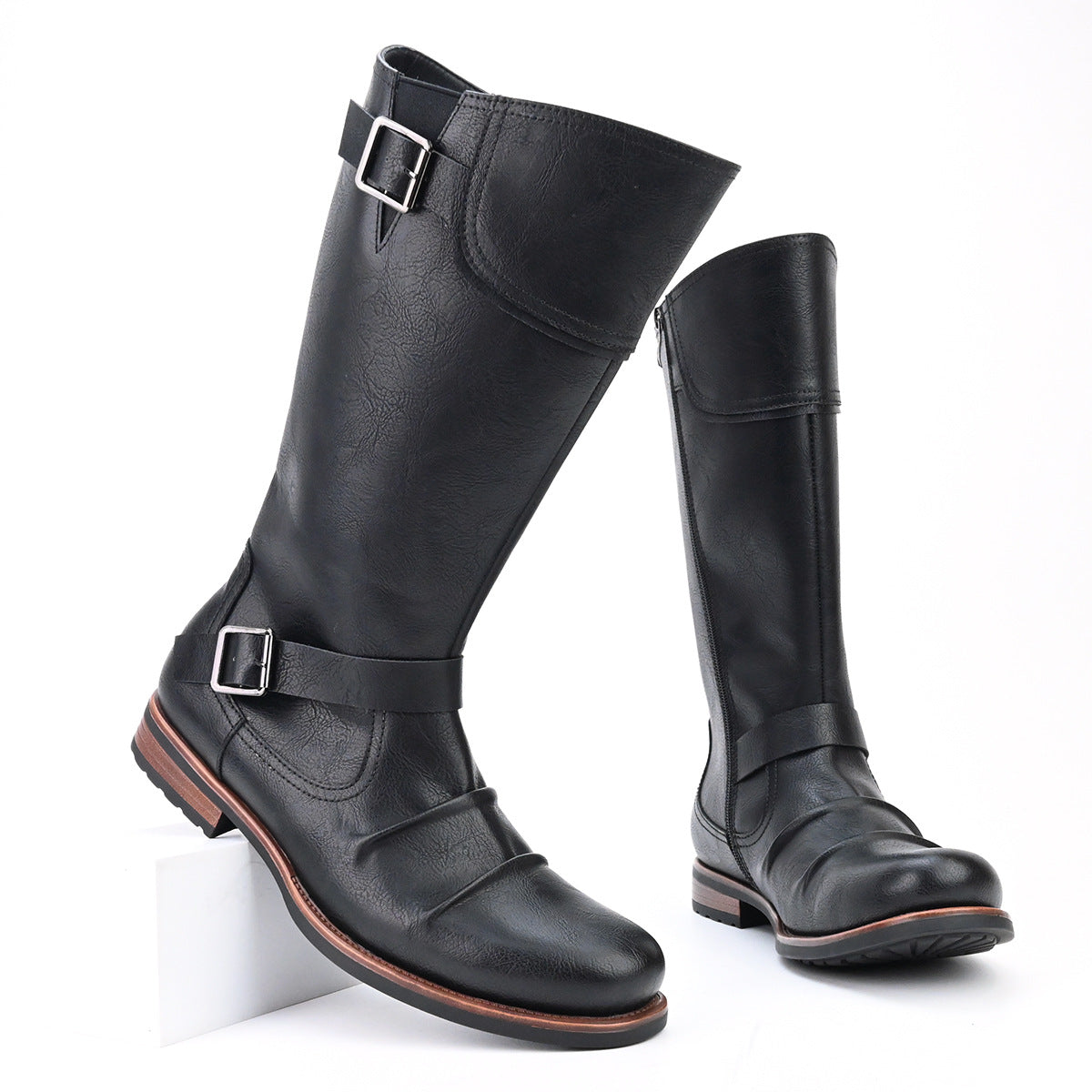 Men's High Motorcycle Boots Simple Side Zipper Metal Buckle Pleated Boots