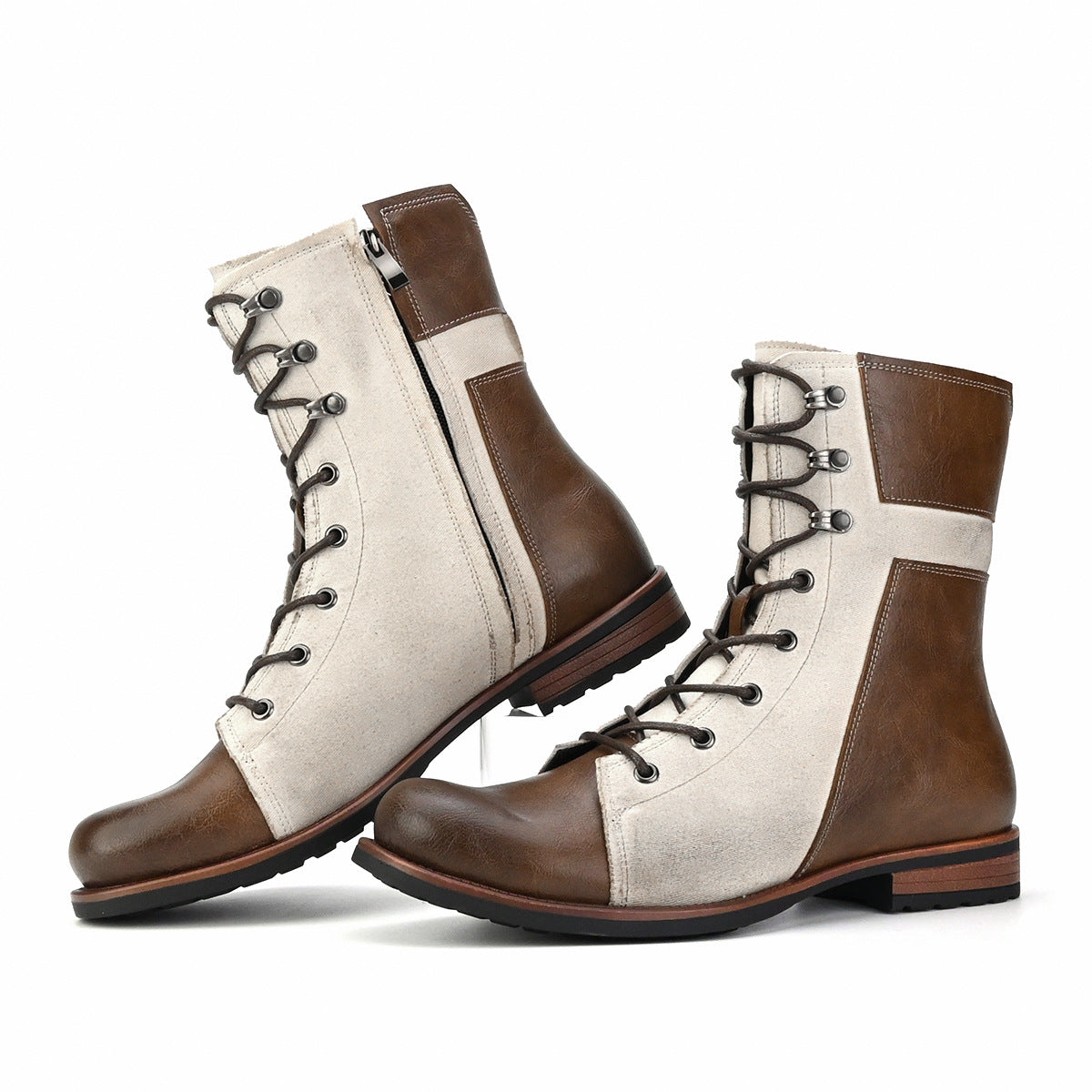 Retro Men's British Style High-Top Color Matching Men's Boots Lace-up Side Zip Cowboy Boot