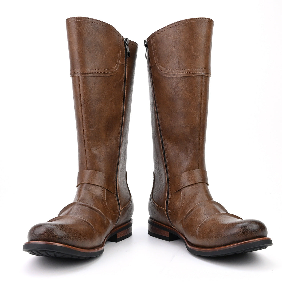 Men's High Motorcycle Boots Simple Side Zipper Metal Buckle Pleated Boots