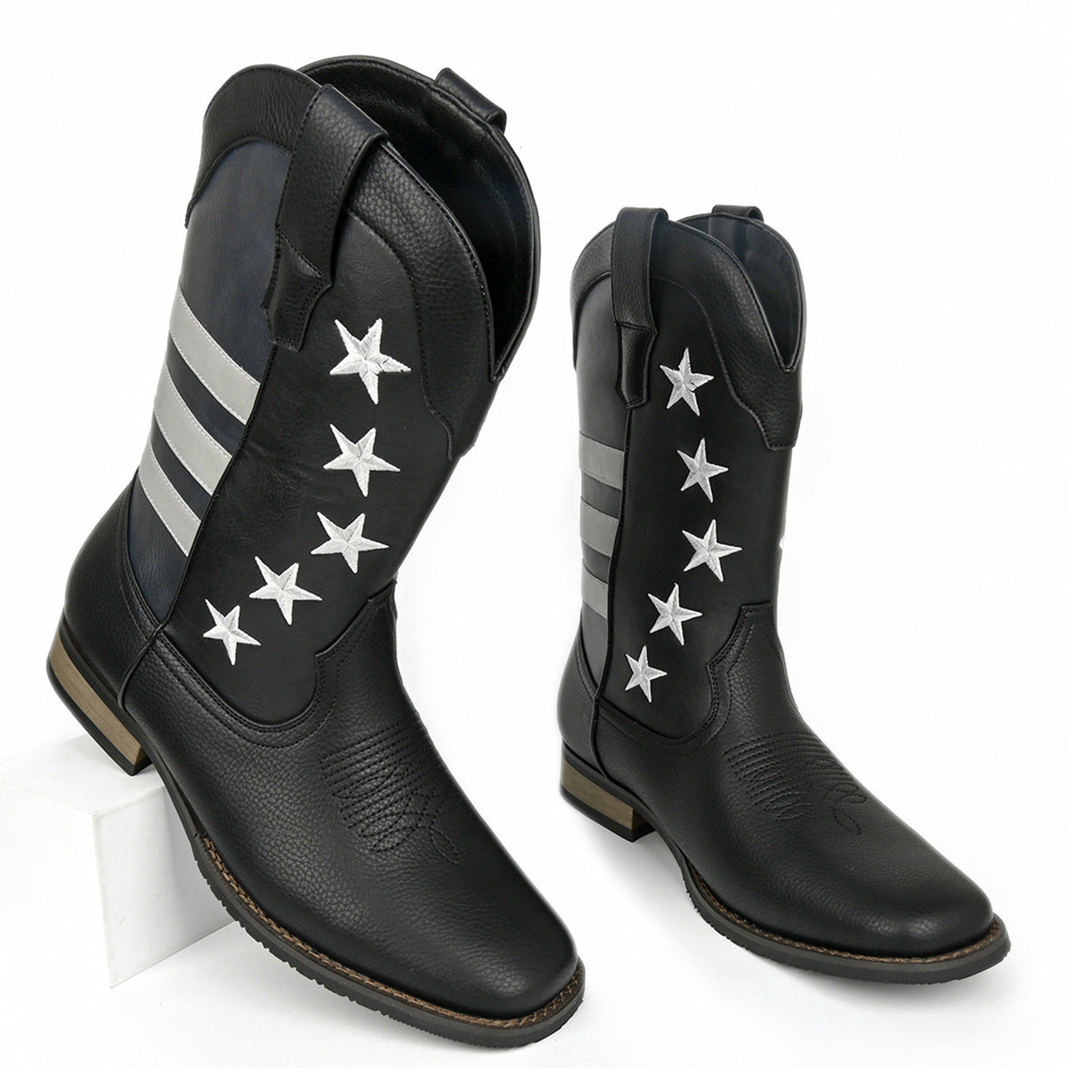 Unique Fashion Design Denim Boots with Five-Pointed Star Pull-On Men's Western Cowboy Boots