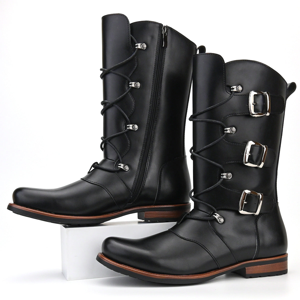 retro British Style Men Boots Casual Metal Buckle Side Zipper Cowboy Boots