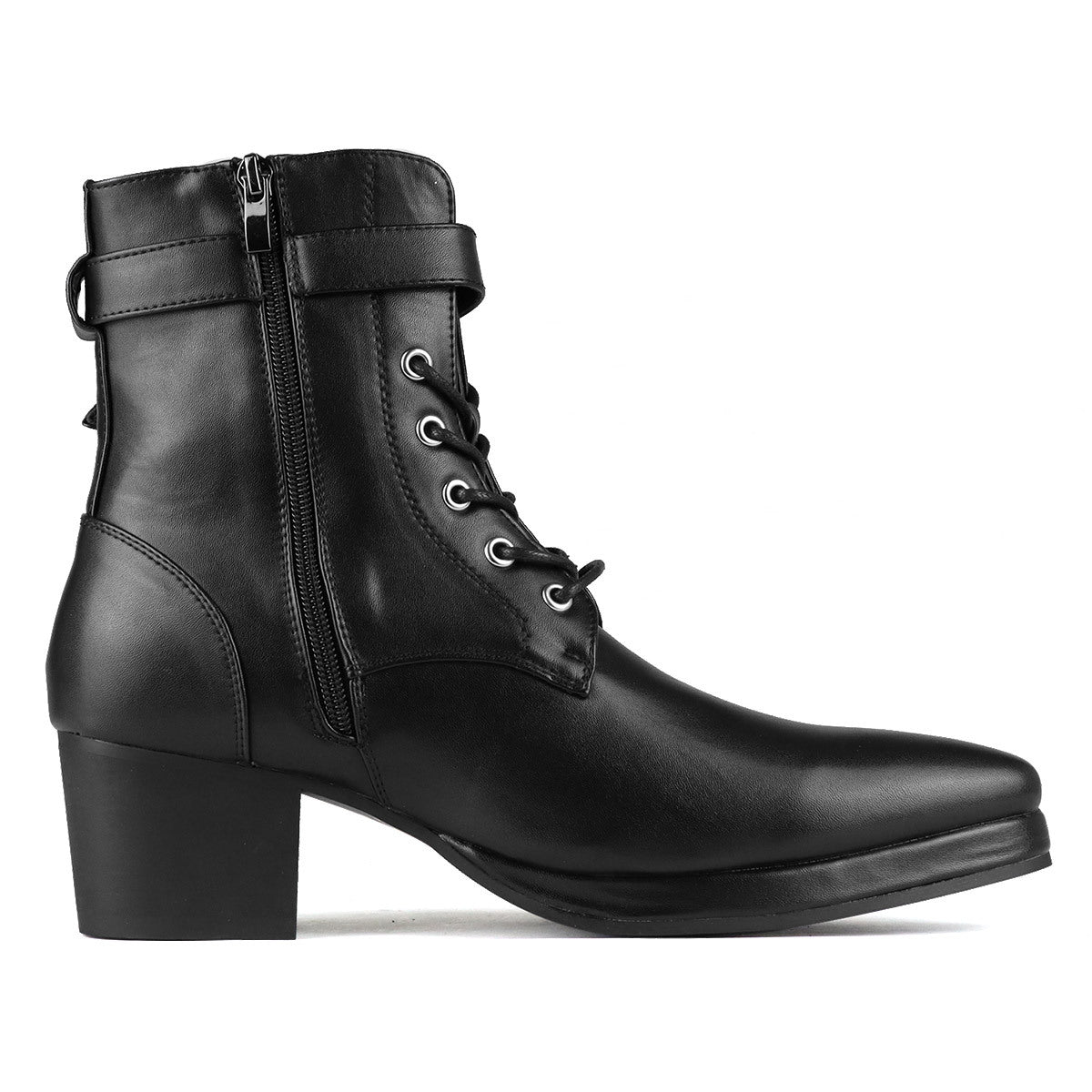 British Style Men's Boots with Round Toe, Buckle Strap, Thick Sole, and Lace-up Design