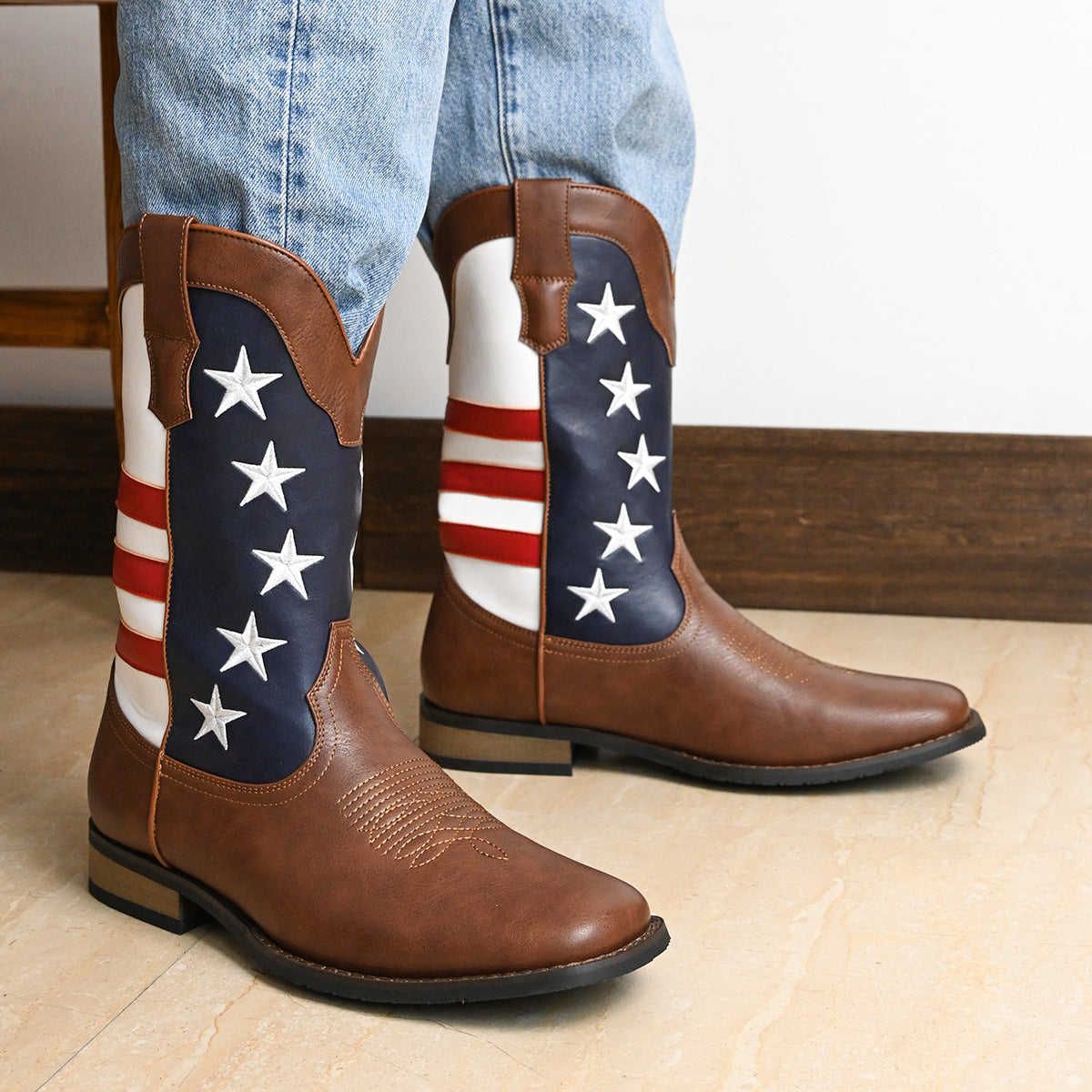 Unique Fashion Design Denim Boots with Five-Pointed Star Pull-On Men's Western Cowboy Boots