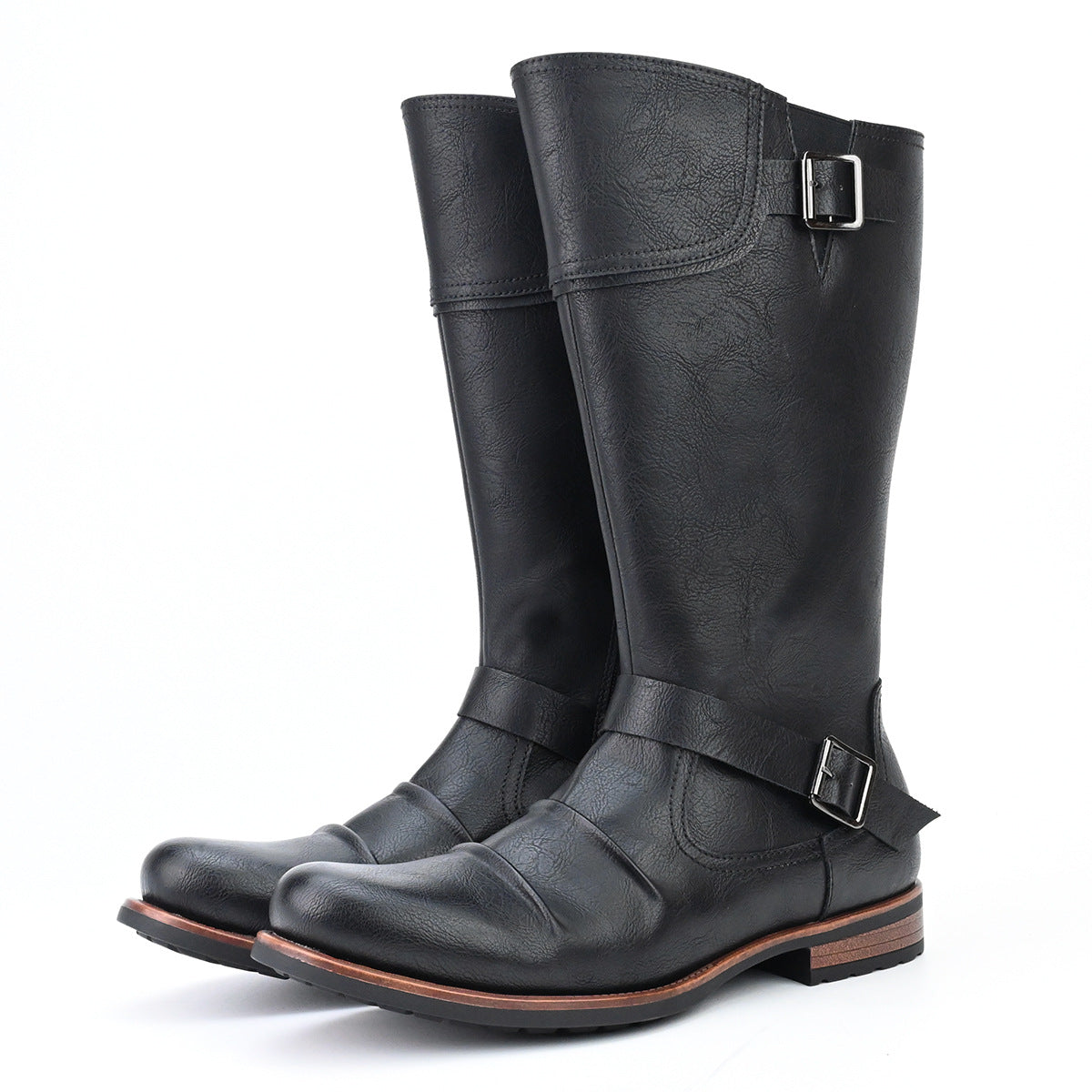 Men's High Motorcycle Boots Simple Side Zipper Metal Buckle Pleated Boots