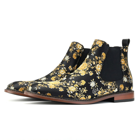 Vintage Embroidered Floral Chelsea Boots Men Ankle Boots