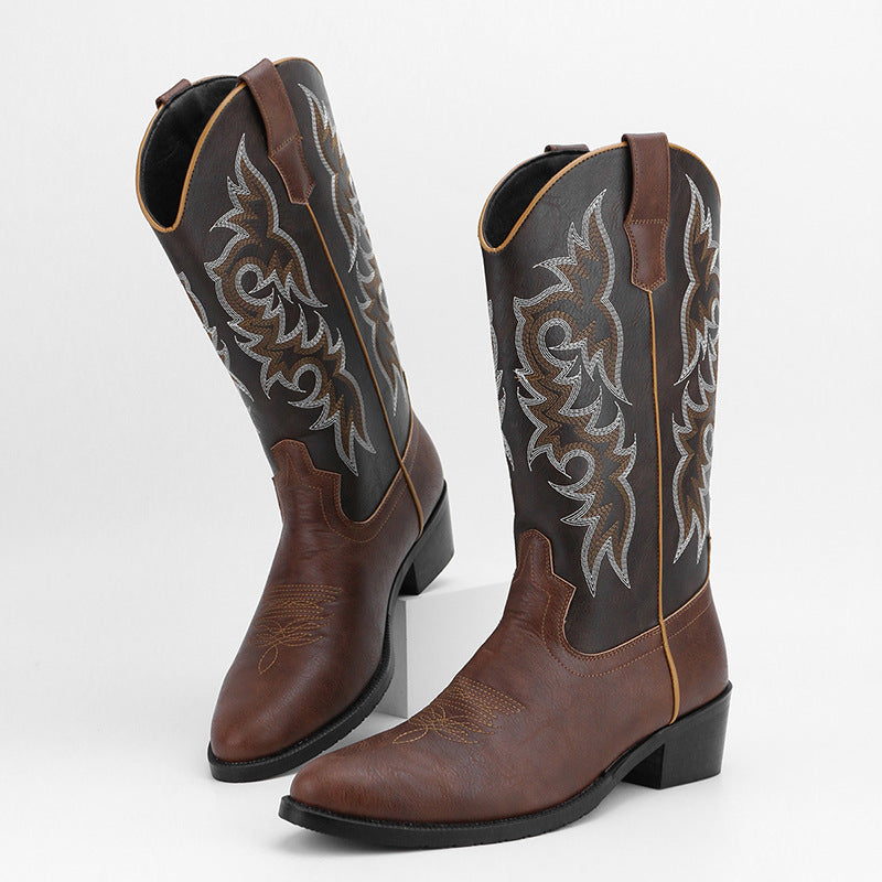 2023Men's Embroidered Retro High Tube Multicolor Pointed Toe Western Cowboy Boots
