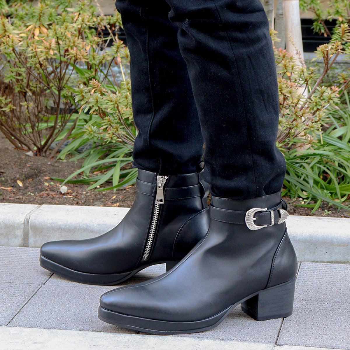 Round Toe Buckle Chelsea Boots Short British Style Waterproof Fashion