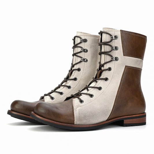 Retro Men's British Style High-Top Color Matching Men's Boots Lace-up Side Zip Cowboy Boot