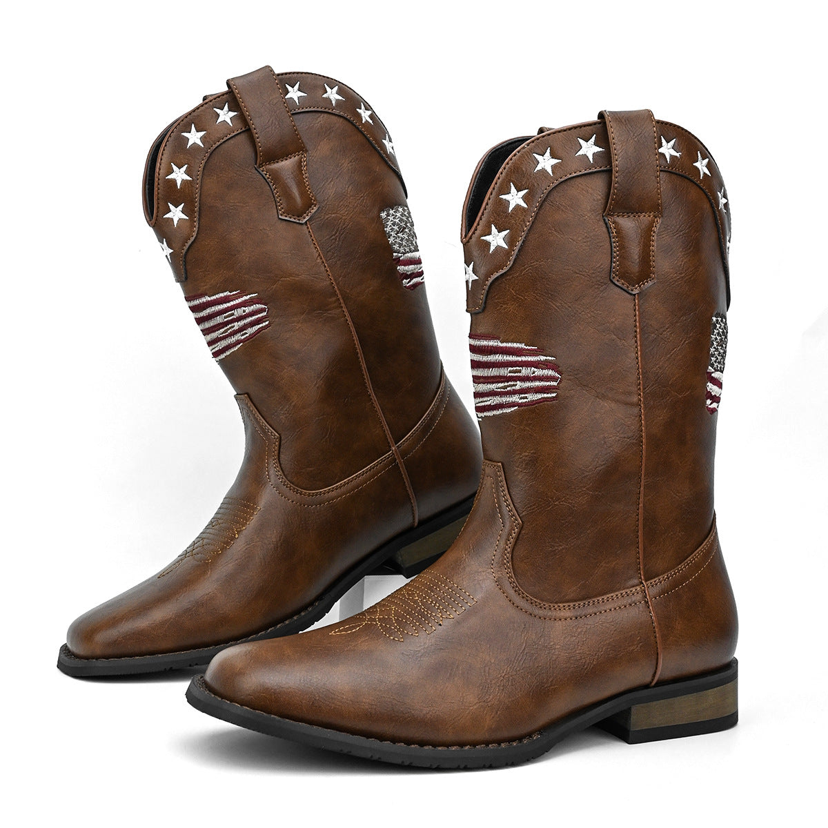 Square Toe Embroidered Vintage Straight Men's Jeans with Unique Pattern Design Western Boots