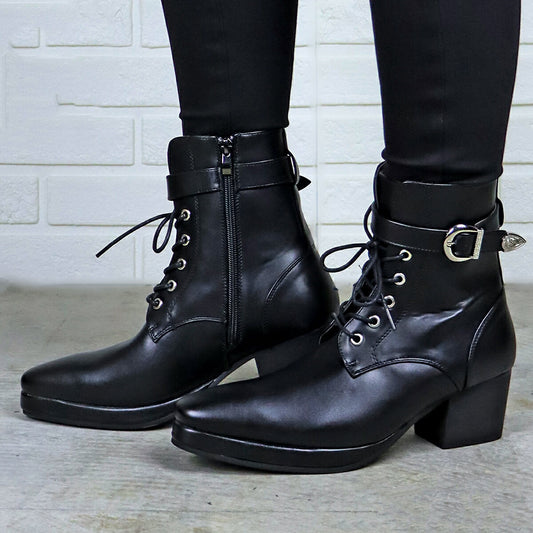 British Style Men's Boots with Round Toe, Buckle Strap, Thick Sole, and Lace-up Design