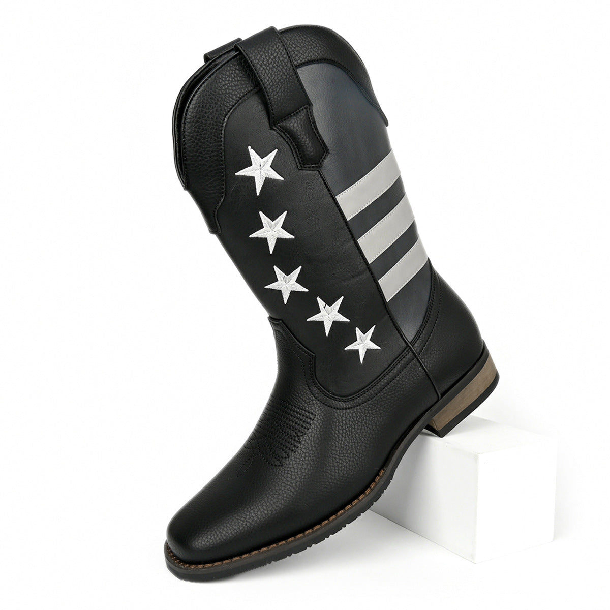Unique Fashion Design Denim Boots with Five-Pointed Star Pull-On Men's Western Cowboy Boots