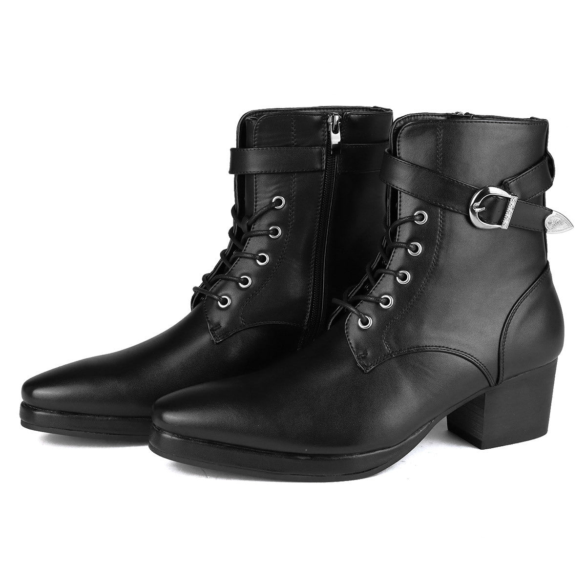 British Style Men's Boots with Round Toe, Buckle Strap, Thick Sole, and Lace-up Design