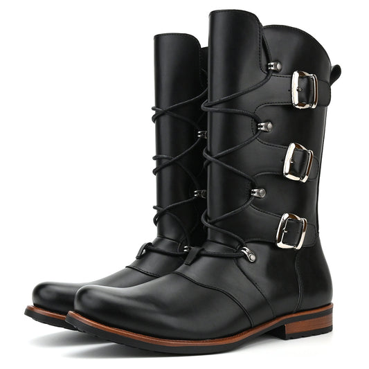 retro British Style Men Boots Casual Metal Buckle Side Zipper Cowboy Boots
