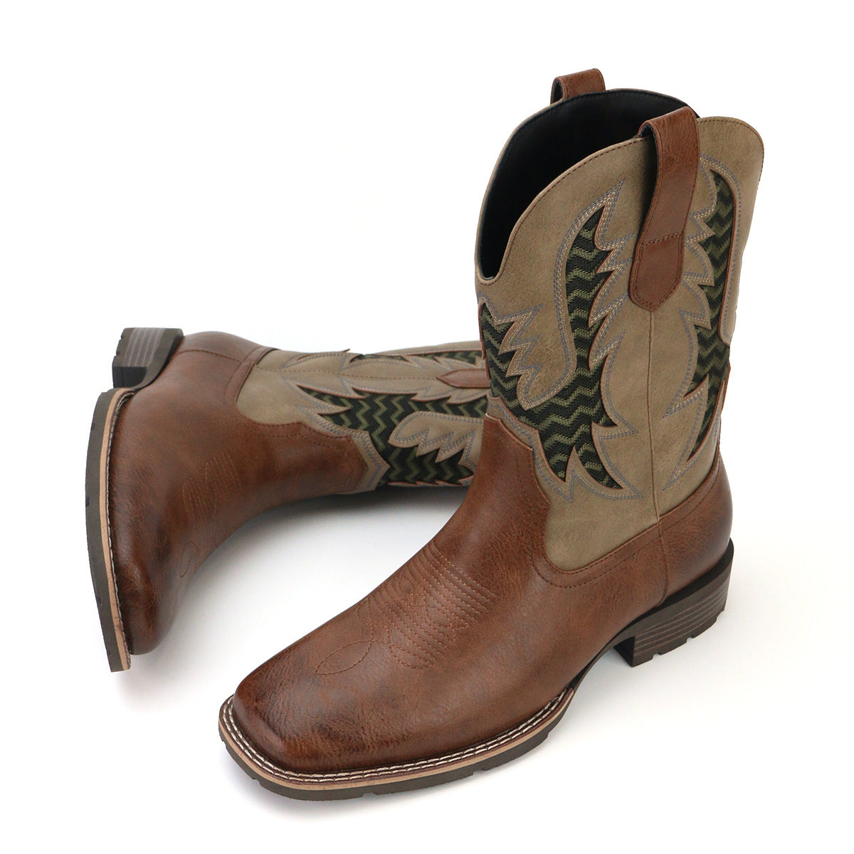 Men's Vintage Embroidery Hollow Personality Fashion Cowboy Boot Striped Embroidery Knee-High Boots
