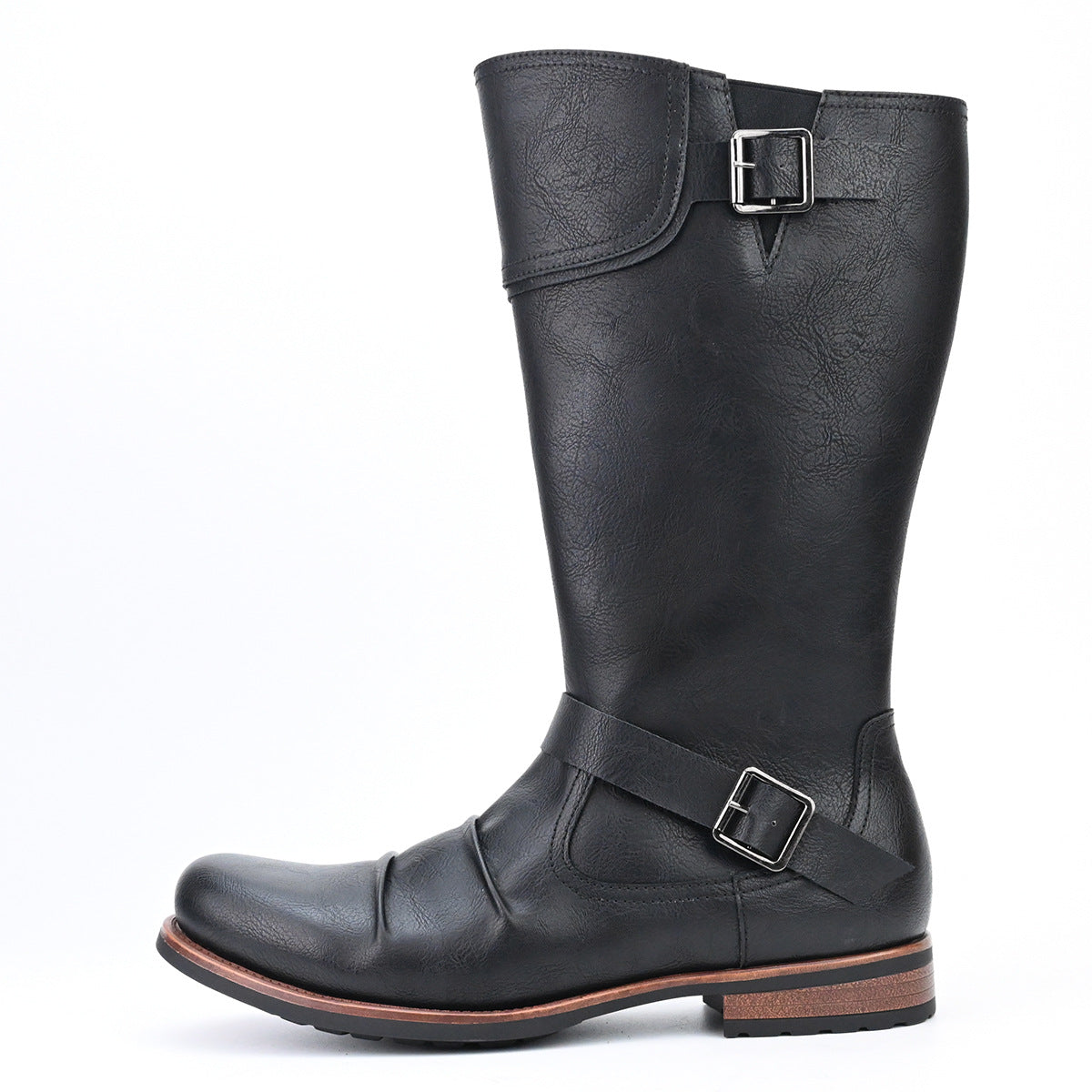 Men's High Motorcycle Boots Simple Side Zipper Metal Buckle Pleated Boots