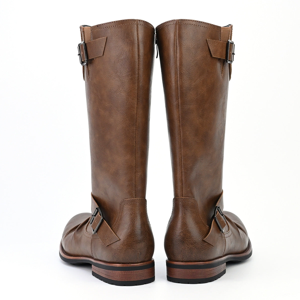 Men's High Motorcycle Boots Simple Side Zipper Metal Buckle Pleated Boots