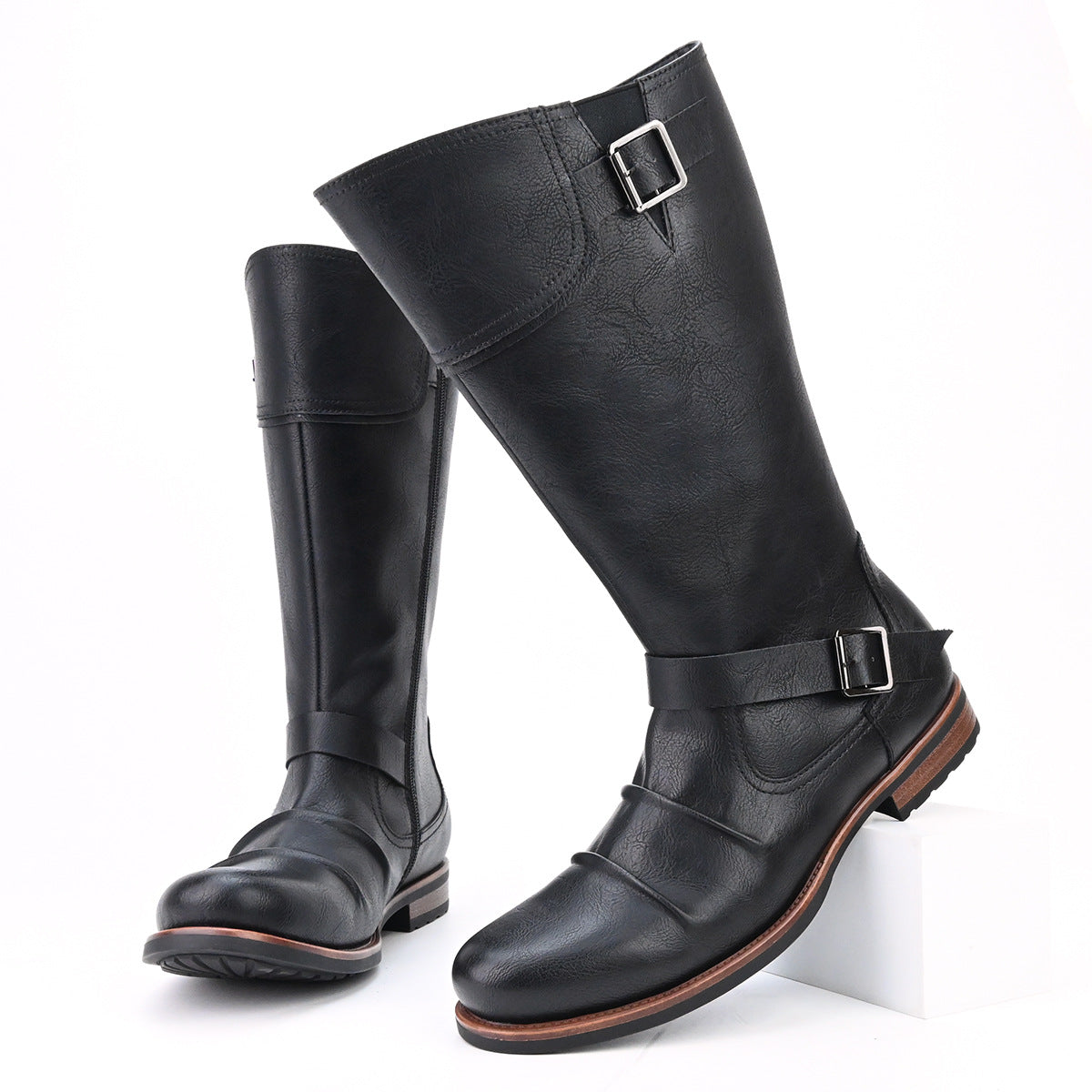 Men's High Motorcycle Boots Simple Side Zipper Metal Buckle Pleated Boots