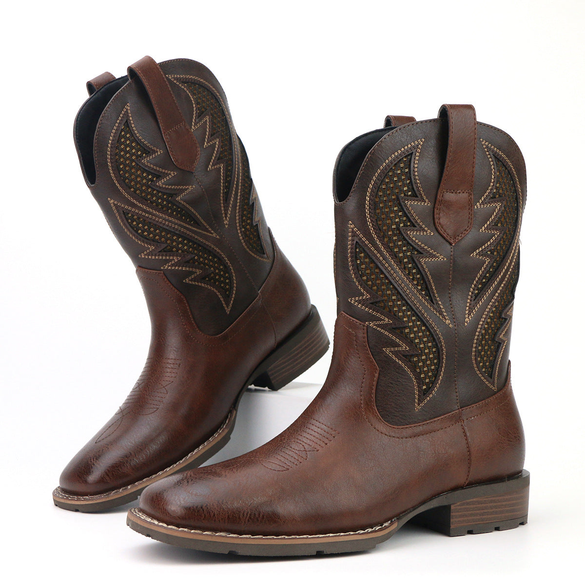 Men's Vintage Embroidery Hollow Personality Fashion Cowboy Boot Striped Embroidery Knee-High Boots
