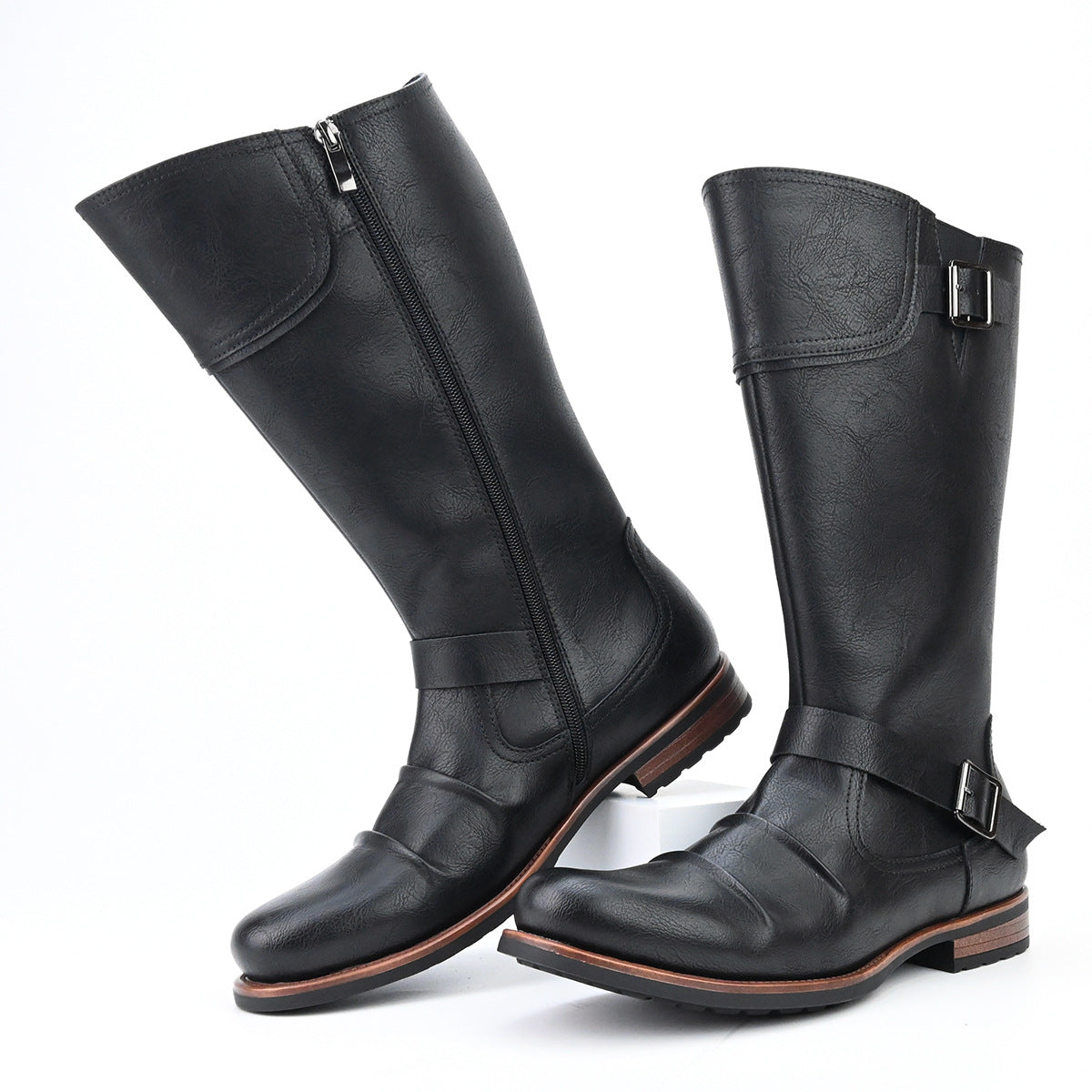 Men's High Motorcycle Boots Simple Side Zipper Metal Buckle Pleated Boots