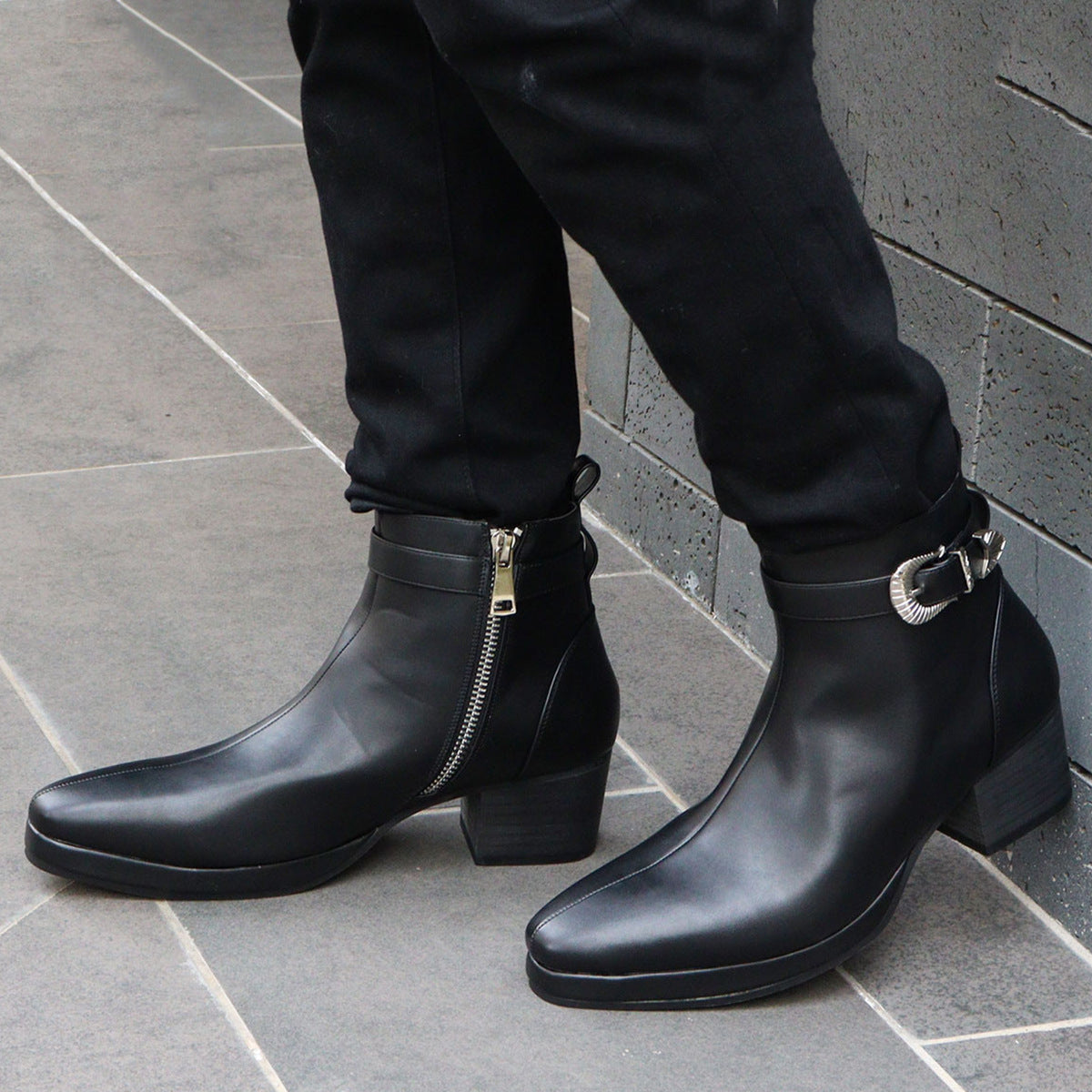 Round Toe Buckle Chelsea Boots Short British Style Waterproof Fashion