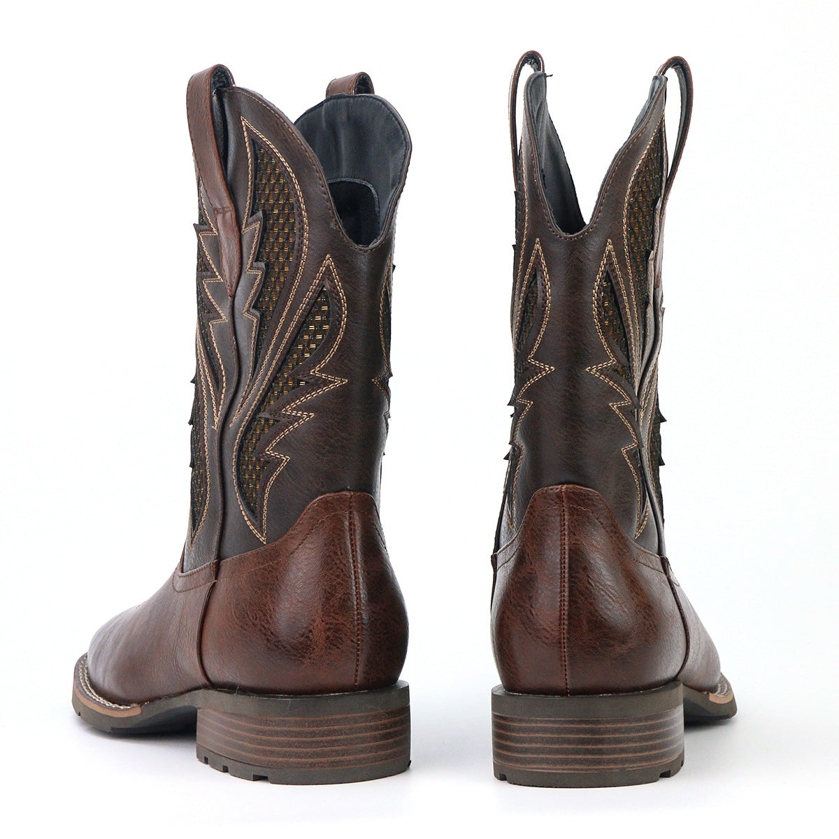 Men's Vintage Embroidery Hollow Personality Fashion Cowboy Boot Striped Embroidery Knee-High Boots