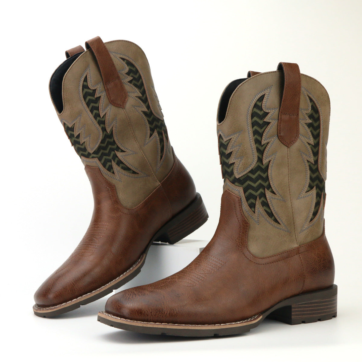 Men's Vintage Embroidery Hollow Personality Fashion Cowboy Boot Striped Embroidery Knee-High Boots