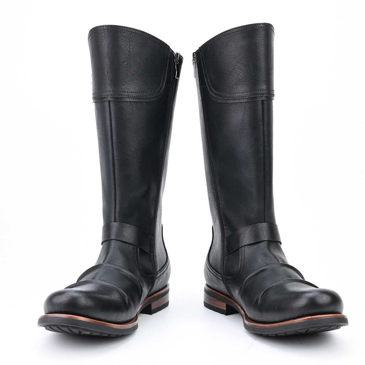 Men's High Motorcycle Boots Simple Side Zipper Metal Buckle Pleated Boots