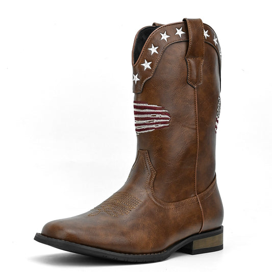 Square Toe Embroidered Vintage Straight Men's Jeans with Unique Pattern Design Western Boots