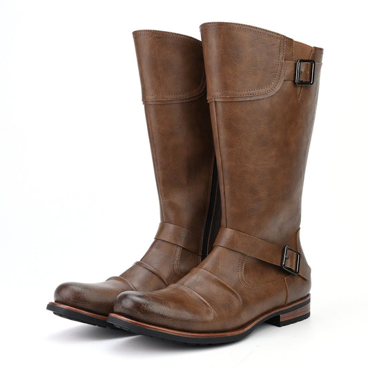 Men's High Motorcycle Boots Simple Side Zipper Metal Buckle Pleated Boots