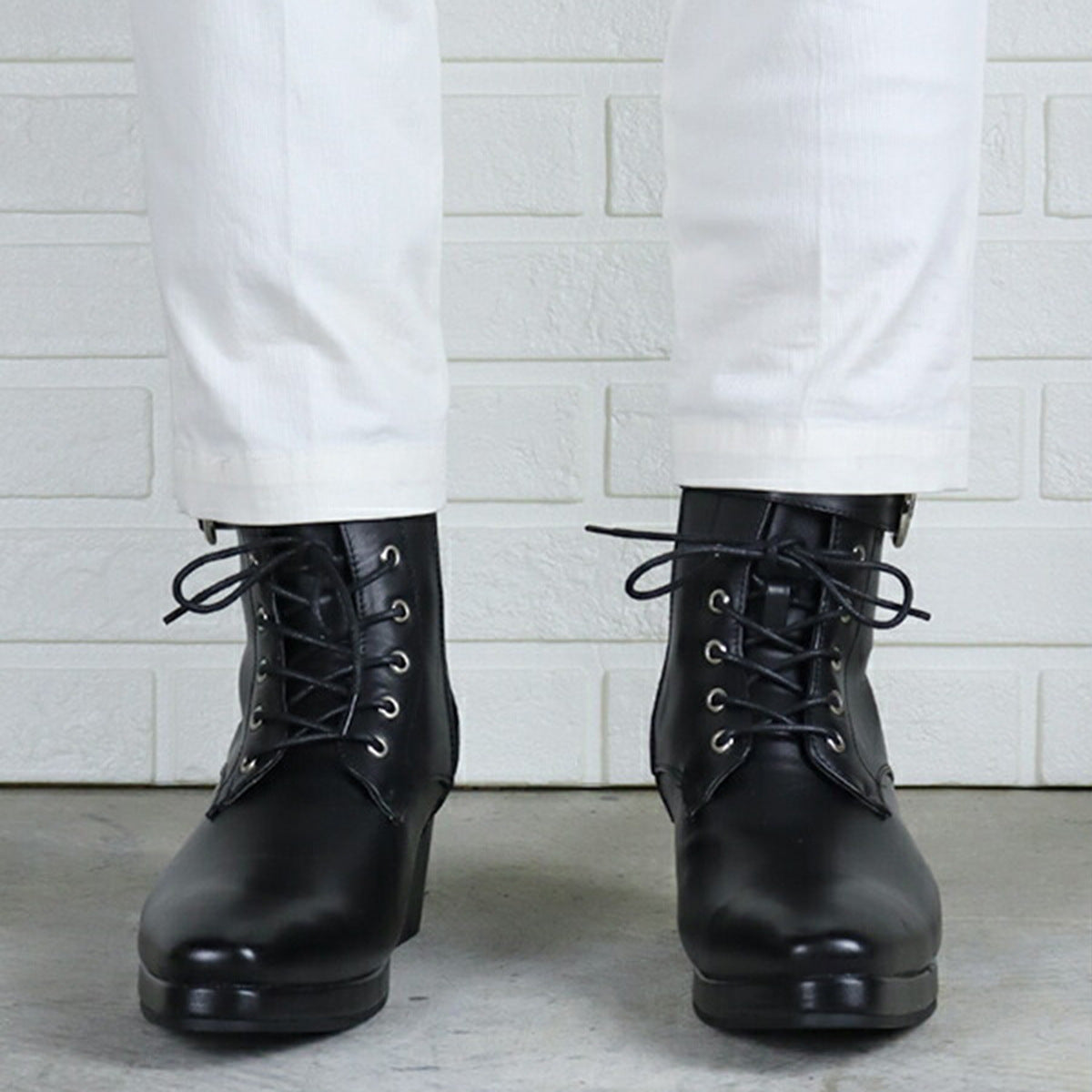 British Style Men's Boots with Round Toe, Buckle Strap, Thick Sole, and Lace-up Design