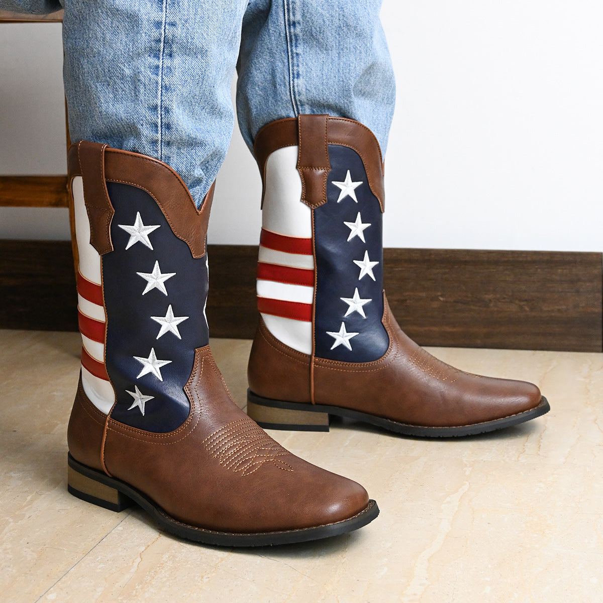Unique Fashion Design Denim Boots with Five-Pointed Star Pull-On Men's Western Cowboy Boots