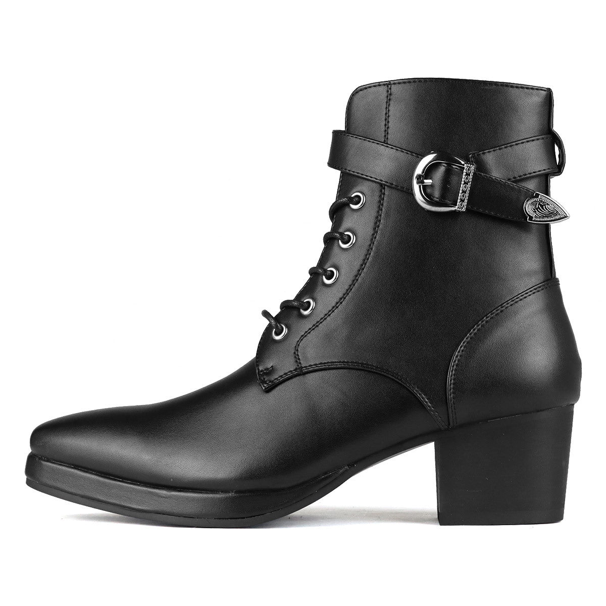 British Style Men's Boots with Round Toe, Buckle Strap, Thick Sole, and Lace-up Design