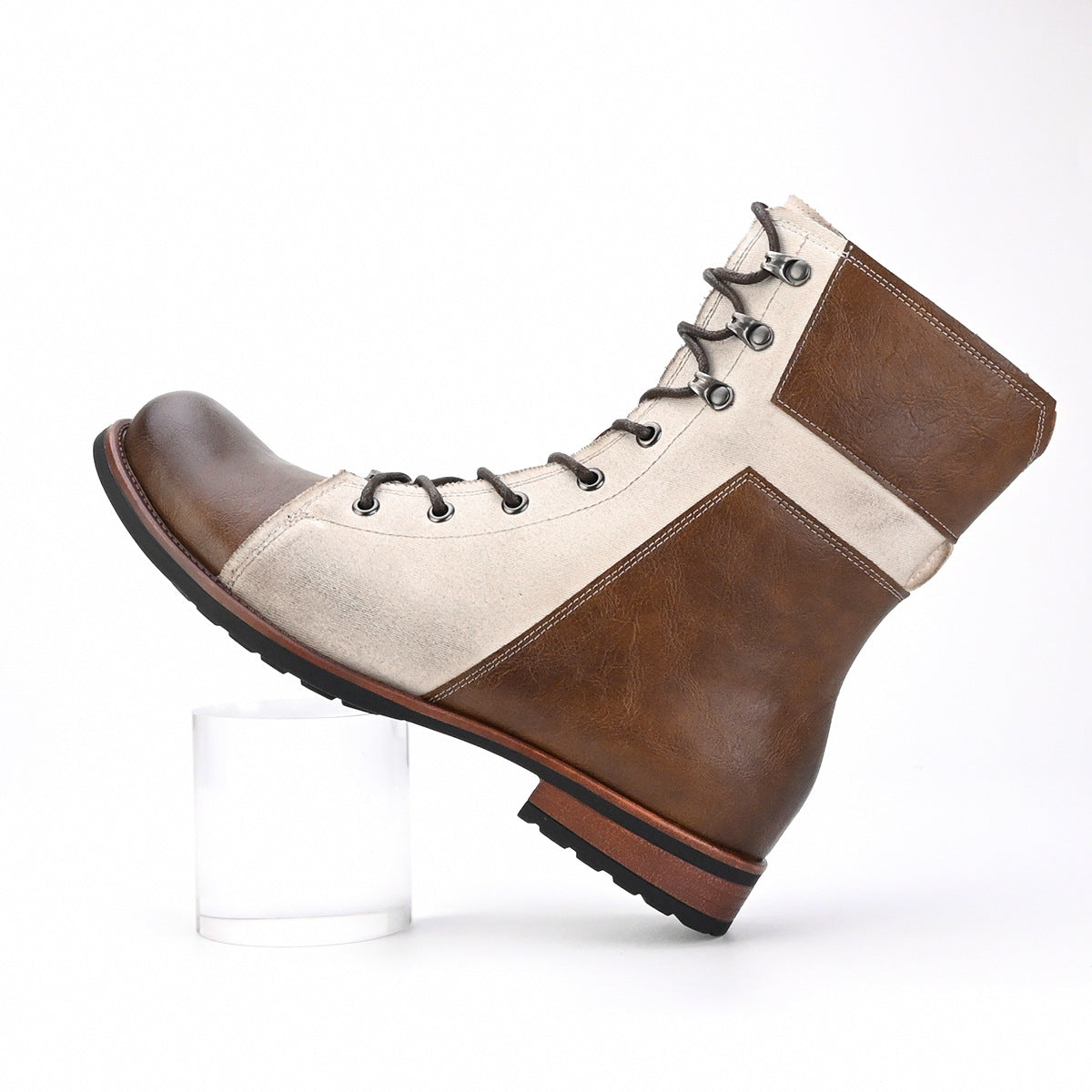 Retro Men's British Style High-Top Color Matching Men's Boots Lace-up Side Zip Cowboy Boot