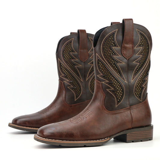 Men's Vintage Embroidery Hollow Personality Fashion Cowboy Boot Striped Embroidery Knee-High Boots