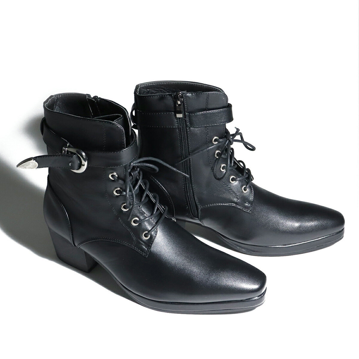British Style Men's Boots with Round Toe, Buckle Strap, Thick Sole, and Lace-up Design